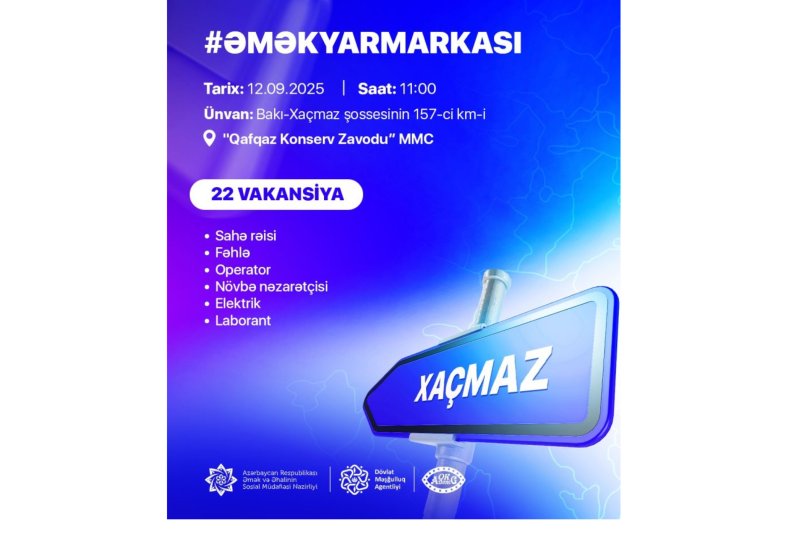 Quba-Xaçmaz Regional Məşğulluq filialının təşkilatçılığı ilə Xaçmaz şəhərində əmək yarmarkası keçiriləcək.